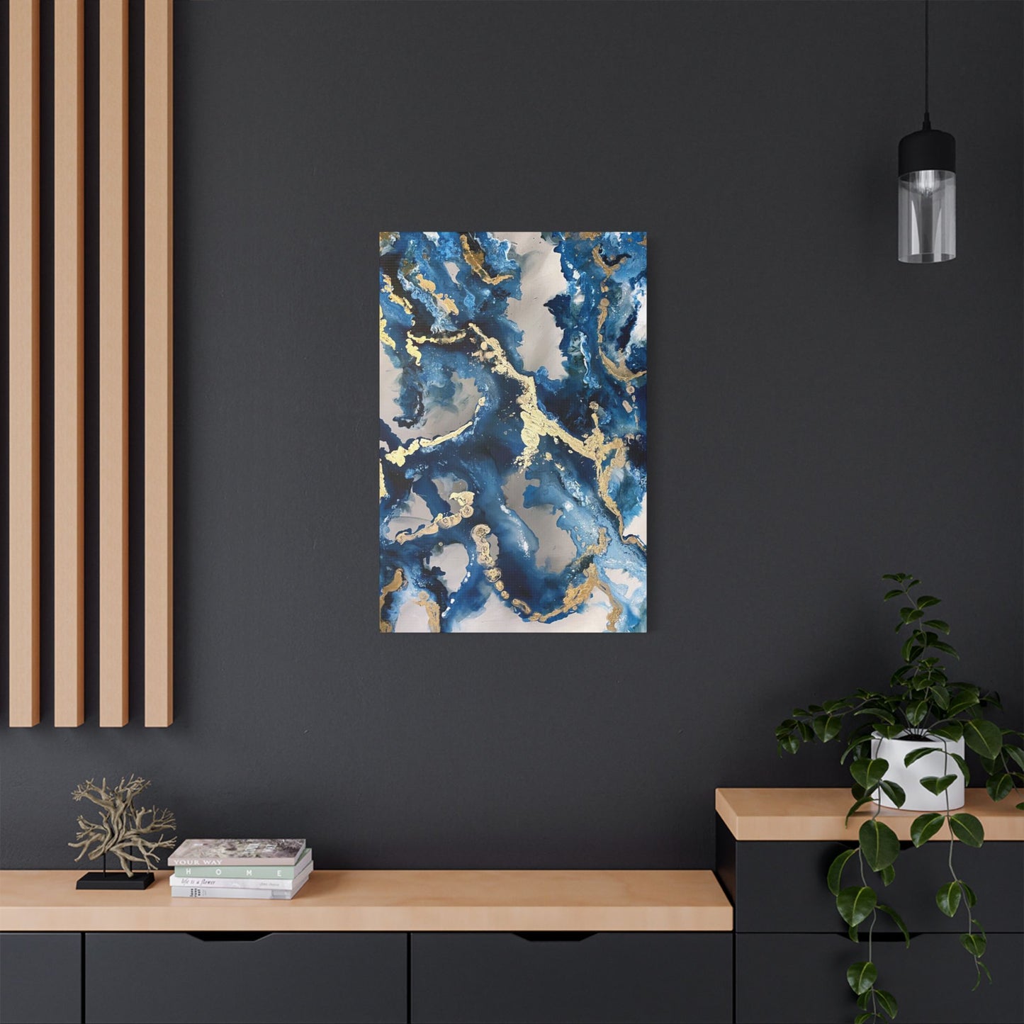 Blue Gold Marble Satin Stretched Canvas Wall Art