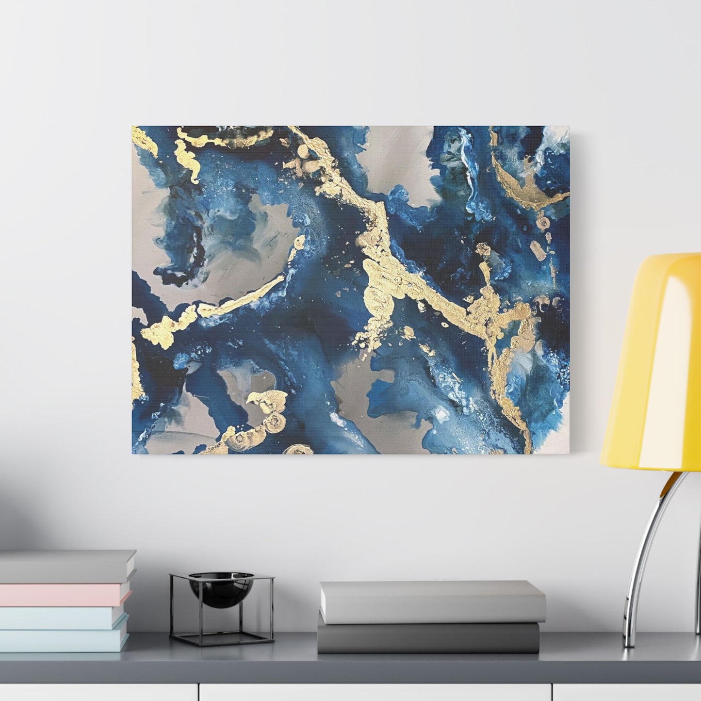 Blue Gold Marble Satin Stretched Canvas Wall Art