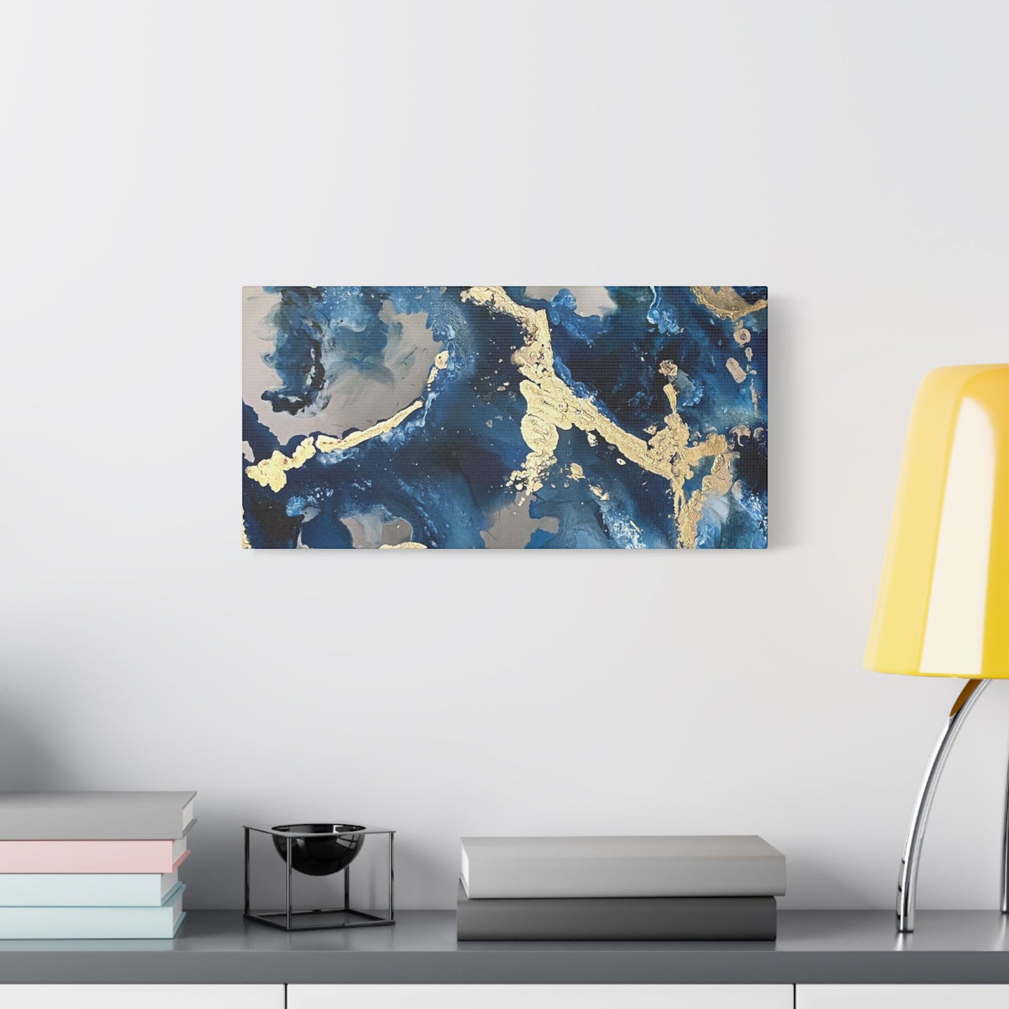 Blue Gold Marble Satin Stretched Canvas Wall Art