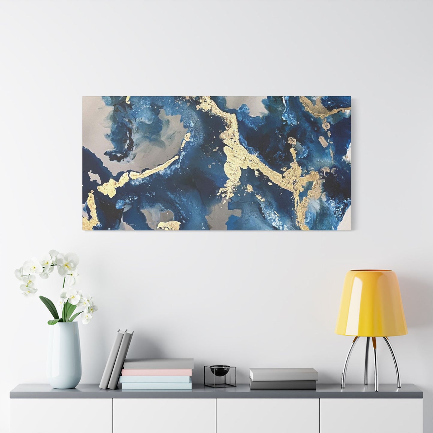 Blue Gold Marble Satin Stretched Canvas Wall Art
