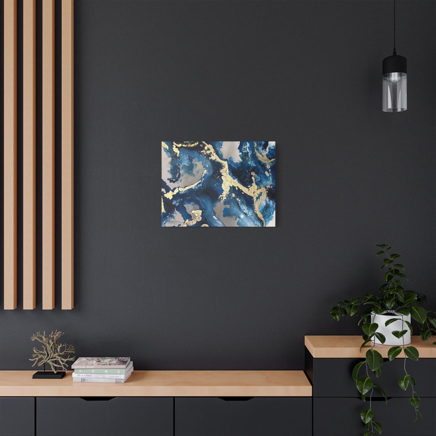 Blue Gold Marble Satin Stretched Canvas Wall Art
