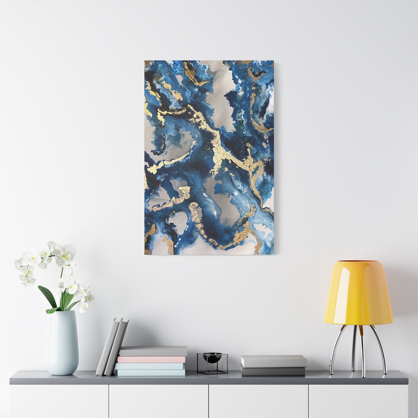 Blue Gold Marble Satin Stretched Canvas Wall Art